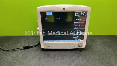 GE Carescape B650 Touch Screen Patient Monitor *Mfd - 2013* with 1 x GE E-miniC Gas Module with Mini D-Fend Water Trap and 1 x GE Patient Data Module with ECG, TEMP/CO, P1/P3, P2/P4, SPO2, NIBP and Defib/Sync Options (Powers Up)