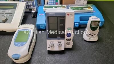 Mixed Lot Including 1 x Coaguchek XS Plus Blood Coagulation Monitor (Powers Up) 1 x Metron Accusonic+ Ultrasound Therapy Unit with Model 901150 1.1/3.3 MHz Handpiece / Transducer with 10 x Safety Glasses (Powers Up with Key) 1 x Omron HEM-907 Intellisense - 2