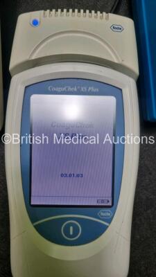 Mixed Lot Including 1 x Coaguchek XS Plus Blood Coagulation Monitor (Powers Up) 1 x Metron Accusonic+ Ultrasound Therapy Unit with Model 901150 1.1/3.3 MHz Handpiece / Transducer with 10 x Safety Glasses (Powers Up with Key) 1 x Omron HEM-907 Intellisense - 9