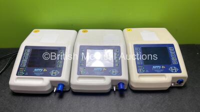 3 x B & D Electromedical Nippy 3+ Ventilators (All Power Up, 1 with Damaged Vent-See Photo) *SN 2016-25621, 2011-12155, 2009-9547*