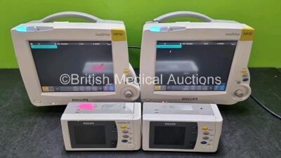 Job Lot Including 2 x Philips IntelliVue MP30 Patient Monitors (Both Power Up 1 x with Broken Handle, Both with Light Scratching on Screen - See Photos) and 2 x Philips IntelliVue X2 Handheld Patient Monitors Including ECG, SpO2, NBP, Press and Temp Optio