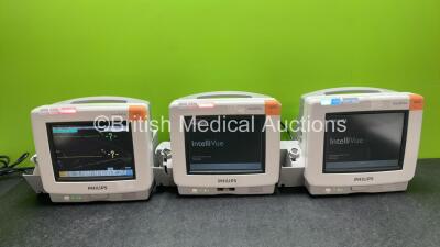 3 x Philips IntelliVue MP5 Patient Monitors Including ECG, SpO2 and NBP Options (All Power Up, 1 Cracked Screen 1 with Damage-See Photos) *SN DE91316638, DE91316635, DE91316637*