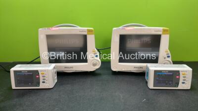 Job Lot Including 2 x Philips IntelliVue MP30 Patient Monitors and 2 x Philips IntelliVue X2 Handheld Patient Monitors Including ECG, SpO2, NBP, Press and Temp Options with 2 x Philips M4607A Batteries (All Power Up) *SN DE73607665, DE72850358, DE506J2773