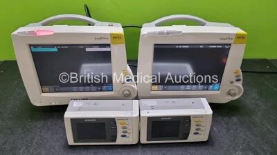 Job Lot Including 2 x Philips IntelliVue MP30 Patient Monitors (Both Power Up Both with Damage To Casing - See Photo) and 2 x Philips IntelliVue X2 Handheld Patient Monitors Including ECG, SpO2, NBP, Press and Temp Options (Both Power Up) *SN DE72850368 /