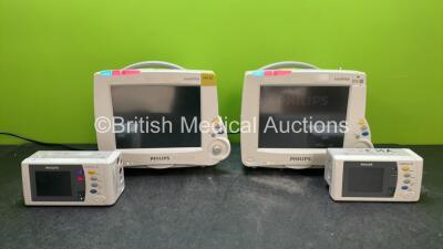 Job Lot Including 2 x Philips IntelliVue MP30 Patient Monitors and 2 x Philips IntelliVue X2 Handheld Patient Monitors Including ECG, SpO2, NBP, Press and Temp Options with 2 x Philips M4607A Batteries (All Power Up, 1 Monitor with Missing Tag-See Photo) 