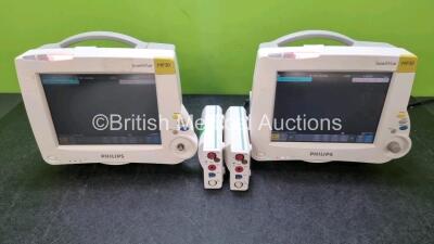 Job Lot Including 2 x Philips IntelliVue MP30 Patient Monitors (Both Power Up 1 x with Slight Crack In Casing) and 2 x Philips M3001A Opt A01C06 Modules Including ECG, SpO2, NBP, Press and Temp Options **SN DE907T7503 / DE51294167 / DE72850408 / DE7284992