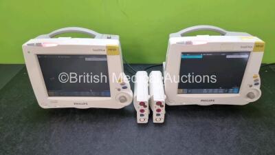 Job Lot Including 2 x Philips IntelliVue MP30 Patient Monitors (Both Power Up) and 2 x Philips M3001A Opt A01C06 Modules Including ECG, SpO2, NBP, Press and Temp Options **SN DE907Y1704 / DE9070BCMB / DE72869832 / DE72870708*