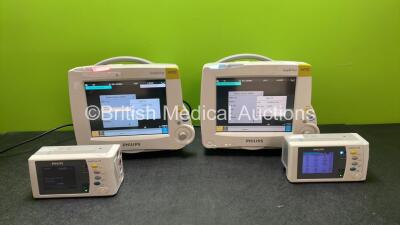 Job Lot Including 2 x Philips IntelliVue MP30 Patient Monitors and 2 x Philips IntelliVue X2 Handheld Patient Monitors Including ECG, SpO2, NBP, Press and Temp Options with 2 x Philips M4607A Batteries (All Power Up, 1 Monitor with Damage-See Photo) *SN D