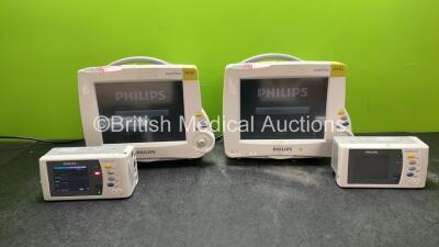 Job Lot Including 2 x Philips IntelliVue MP30 Patient Monitors and 2 x Philips IntelliVue X2 Handheld Patient Monitors Including ECG, SpO2, NBP, Press and Temp Options with 2 x Philips M4607A Batteries (All Power Up, 1 Philips X2 with Damaged Casing-See P