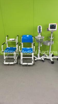 1 x Welch Allyn SPOT VItal Signs Monitor on Stand, 1 x Philips IntelliVue MP5 Patient Monitor on Stand (Both Power Up) and 2 x Marsden Wheelchair Weighing Scales (1 x Missing Backrest - See Pictures) *S/N 059444 / 509582*