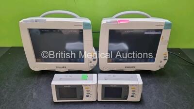 Job Lot Including 2 x Philips IntelliVue MP50 Patient Monitors (Both Power Up 1 x with Scratch In Screen - See Photo ) and 2 x IntelliVue X2 Handheld Patient Monitors Including ECG, SpO2, NBP, Press and Temp Options (Both Power Up 1 x with Slight Crack In