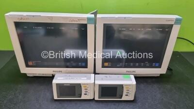 2 x Philips IntelliVue MP70 Patient Monitors (Both Power Up) with 2 x IntelliVue X2 Handheld Patient Monitors Including ECG, SpO2, NBP, Press and Temp Options (Both Power Up)