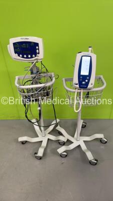 1 x Welch Allyn SPOT Vital Signs Monitor on Stand and 1 x Welch Allyn 53N00 Vital Signs Monitor on Stand (Both Power Up - 1 x Damaged Mounting Point)