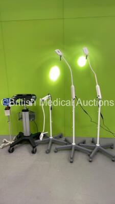 3 x KLS Martin Group Patient Examination Lamps on Stands (All Power Up - 1 x Damaged - See Pictures),1 x Blood Pressure Meter on Stand and 1 x SonoSite Edge Stand with Power Supply)