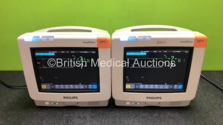 Job Lot Including 1 x Philips IntelliVue MP5 Patient Monitor with ECG, SpO2, NIBP, Press and Temp Options (Powers Up with Damage to Casing - See Photos) and 1 x Philips IntelliVue MP5 Patient Monitor with CO2, ECG, SpO2, NIBP, Press ,Temp and Printer Opti