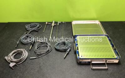 Job Lot Including 1 x Aesculap Cannula with Trocar, 1 x R.Wolf Cannula, 5 x Diathermy / Electrosurgical Cables and Metal Instrument Tray