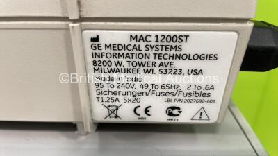 GE MAC 1200 ST ECG Machine on Stand with 10 Lead ECG Leads (Powers Up) *S/N 522449* - 3