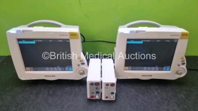 Job Lot Including 2 x Philips IntelliVue MP30 Patient Monitors (Both Power Up) and 2 x Philips REF 867036 Module Including ECG, SpO2, NBP, Press and Temp Options *Mfd 2020* (1 x Missing Cover - See Photo) **SN DE69559487 / DE695380861 / DE72873788 / DE728