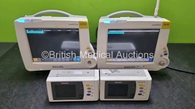 Job Lot Including 2 x Philips IntelliVue MP30 Patient Monitors (Both Power Up 1 x Missing Dial) and 2 x Philips IntelliVue X2 Handheld Patient Monitors Including ECG, SpO2, NBP, Press and Temp Options (Both Power Up) *SN DE03766612 / DE37607623 / DE728873