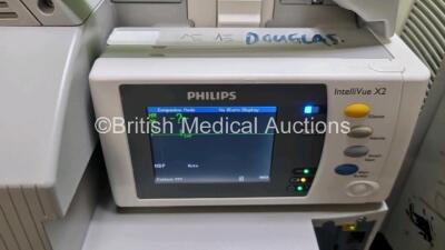 Job Lot Including 2 x Philips IntelliVue MP30 Patient Monitors (Both Power Up 1 x Missing Dial) and 2 x Philips IntelliVue X2 Handheld Patient Monitors Including ECG, SpO2, NBP, Press and Temp Options (Both Power Up) *SN DE03766612 / DE37607623 / DE728873 - 8