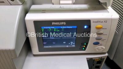 Job Lot Including 2 x Philips IntelliVue MP30 Patient Monitors (Both Power Up Both with Damage To Casing - See Photo) and 2 x Philips IntelliVue X2 Handheld Patient Monitors Including ECG, SpO2, NBP, Press and Temp Options (Both Power Up) *SN DE72870719 / - 8