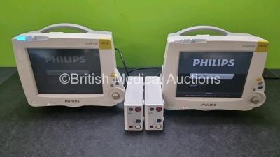 Job Lot Including 2 x Philips IntelliVue MP30 Patient Monitors (Both Power Up) and 2 x Philips REF 867036 Module Including ECG, SpO2, NBP, Press and Temp Options *Mfd 2020* **SN DE69559484 / DE69530640 / DE72874614 / DE72873798*