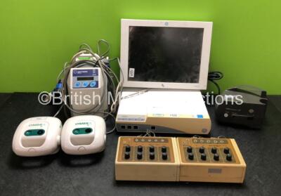 Mixed Lot Including 2 x Ombra Table Top Compressors, 1 x Inditherm Medical Alpha Mattress Pump, 2 x Rigel MultiCal 203 Units, 1 x Pari TurboBOY Compressor, 1 x GE USE1503A Monitor and 1 x GE UnityView Module