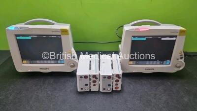 Job Lot Including 2 x Philips IntelliVue MP30 Patient Monitors (Both Power Up) with 2 x Philips REF 867036 Module Including ECG, SpO2, NBP, Press and Temp Options *Mfd 2020* 1 x Philips M3012A Module Including Press,Temp,Press and Temp Options and 1 x Phi