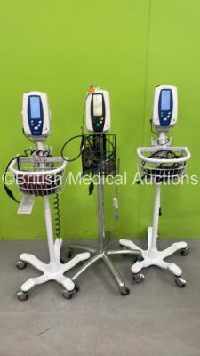 3 x Welch Allyn SPOT VItal Signs Monitors on Stands (All Power Up, 1 Damaged Casing-See Photo)*SN NA*