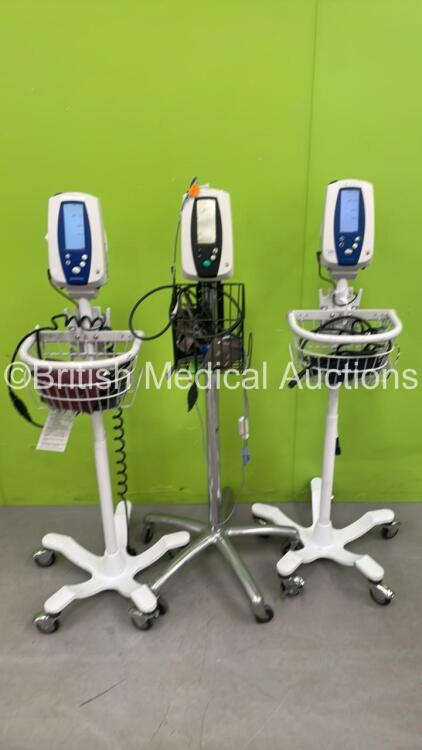 3 x Welch Allyn SPOT VItal Signs Monitors on Stands (All Power Up, 1 Damaged Casing-See Photo)*SN NA*