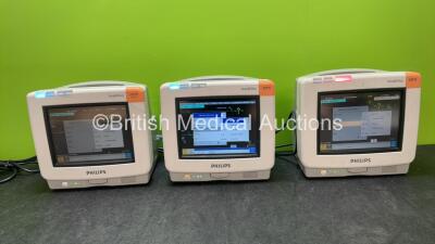 Job Lot Including 2 x Philips IntelliVue MP5 Patient Monitors Including ECG, NBP and SpO2 Options and 1 x Philips IntelliVue MP5 Patient Monitor Including ECG, SpO2, NBP, Press and Temp Options (All Power Up 1 with Cracked Casing-See Photos)