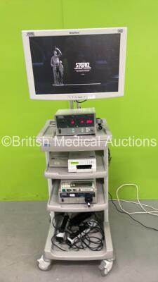 Karl Storz Stack Trolley with Storz WideView HD Monitor, Storz 264305 20 Electronic Endoflator, Storz 201340 20 xenon nova 300, Sony UP-25MD Printer - Some Damage, Sony UP-897MD Printer and Medtronic Legend EHS Electric High Speed System (All Power Up)