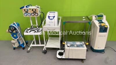 Mixed Lot Including HiloTherm Unit on Table, LaserVac 850 Smoke Evacuator, Eschmann Matburn VP12 Suction Unit, MedeZine Swordfish Cast Cutter (All Power Up), Stainless Steel Table and Anetic Aid APT MK2 Tourniquet on Stand with Hoses