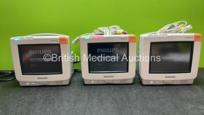 3 x Philips IntelliVue MP5 Patient Monitors Including ECG, NIBP and SpO2 Options with 2 x 3 Lead ECG Leads (All Power Up)