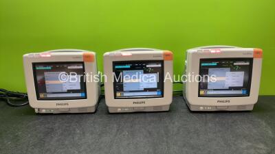 3 x Philips IntelliVue MP5 Patient Monitors Including ECG, NBP and SpO2 Options (All Power Up, 1 with Cracked Casing-See Photos)