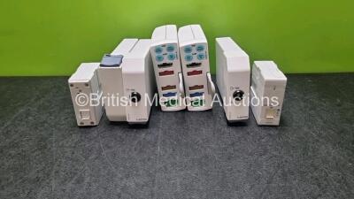 Job Lot of Patient Monitoring Modules Including 2 x GE Type E-PSMP-00 Module with ECG, SpO2, P1, P2, T1, T2 and NIBP Options, 2 x GE E-INTPSM, 2 x Blank and 2 x Microstream HCP-810 COC Module