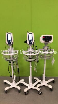 1 x Welch Allyn 53N00 Vital Signs Monitor on Stand with BP Hose and 2 x Welch Allyn SPOT Vital Signs Monitors on Stands with BP Hoses (All Power Up)