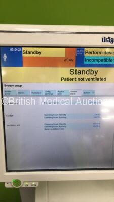 Drager Evita Infinity V500 Acute Care System Software Version V500 02.42 Cockpit Running Hours 15073 - Ventilation Unit Running Hours 15075 with Hoses (Powers Up) *S/N ASJC-0045* - 12
