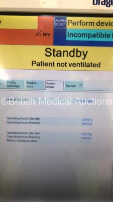 Drager Evita Infinity V500 Acute Care System Software Version V500 02.42 Cockpit Running Hours 15073 - Ventilation Unit Running Hours 15075 with Hoses (Powers Up) *S/N ASJC-0045* - 13