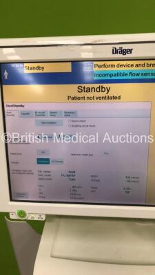 Drager Evita Infinity V500 Acute Care System Software Version V500 02.51.01 Cockpit Running Hours 3527 - Ventilation Unit Running Hours 3527 with Hoses (Powers Up) *S/N ASNB-0054* - 9