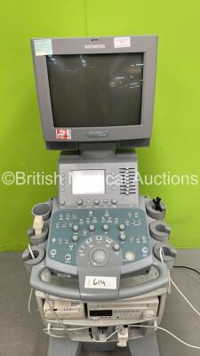 Siemens Acuson CV70 Ultrasound Scanner Model No 10031210 *S/N HAE0520* **Mfd 07/2005** with 1 x Transducer / Probe (P4-2), Mitsubishi P93 Printer and Mitsubishi MD3000 Video Cassette Recorder (Powers Up - HDD REMOVED) - 2