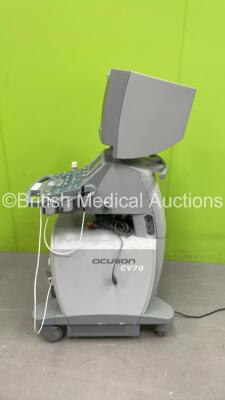 Siemens Acuson CV70 Ultrasound Scanner Model No 10031210 *S/N HAE0520* **Mfd 07/2005** with 1 x Transducer / Probe (P4-2), Mitsubishi P93 Printer and Mitsubishi MD3000 Video Cassette Recorder (Powers Up - HDD REMOVED) - 10