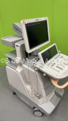 Philips iE33 Flat Screen Ultrasound Scanner on G.1 Cart *S/N B05NQY* **Mfd 03/2012** with 2 x Transducers / Probes (S5-1 and D2cwc) and Sony UP-D897 Digital Graphic Printer (Powers Up - Missing Dials - See Pictures - HDD REMOVED) - 9