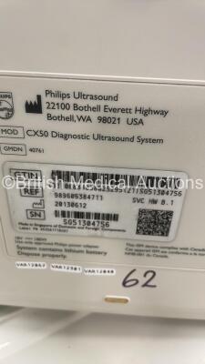 Philips CX50 Flat Screen Ultrasound Scanner Ref 989605384711 SVC HW B.1 *S/N SG51304756* **Mfd 2013** with 1 x Transducer / Probe (S5) on Philips CX Cart (No Power - Damaged / Cracked Trims - See Pictures) ***IR999*** - 10