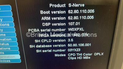 SonoSite S-Nerve Portable Ultrasound Scanner Ref P09417-90 *Mfd 08-2014* Boot Version- 52.80.110.005, ARM Version 52.80.110.005 with 1 x Transducer/Probe (SonoSite REF PO7682-70 L38x/10-6 MHz *Mfd 2014-08*) on SonoSite V-Universal Stand (Powers Up) *WK2K - 6