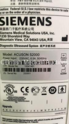 Siemens Acuson S2000 Ultrasound Scanner Model No 10041461 *S/N 200951* **Mfd 02/2009** with 3 x Transducers / Probes (EC9-4 / 9L4 and 4C1) (Powers Up - HDD REMOVED) - 6