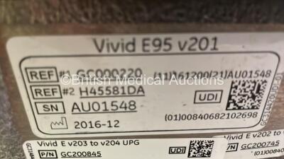 GE Vivid E95 Flat Screen Ultrasound Scanner Ref #1 GC000220 / #2 H45581DA Application SW Version 204 System SW Version 204.15.3 with 4 x Transducer/Probes (6S-D *Mfd 2016-10* / 4V-D *Refurbished 2015* / M5Sc-D *Mfd 2021-04* and Pencil Probe) * SN AU01548 - 9