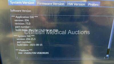 GE Vivid E95 Flat Screen Ultrasound Scanner Ref #1 GC000220 / #2 H45581DA Application SW Version 204 System SW Version 204.15.3 with 4 x Transducer/Probes (6S-D *Mfd 2016-10* / 4V-D *Refurbished 2015* / M5Sc-D *Mfd 2021-04* and Pencil Probe) * SN AU01548 - 16