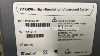 SonoSite Titan Ref P04107-01 Portable Ultrasound Scanner *Mfd 02-2004* Boot Version 21.80.201.014, ARM Version 21.80.201.014 with 2 x Transducers / Probes *1 x SonoSite L38/10-5 MHz REF P04969-01 Transducer *Mfd 06-2011* 1 x SonoSite C60/5-2 MHz REF P0410 - 10