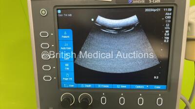 SonoSite S-Cath Ultrasound Scanner Ref. P09417-37 Boot Version 52.80.103.006 Arm Version 52.80.103.019 *Mfd 04-2010* with 1 x Transducer / Probe (SonoSite C60x/5-2 MHz Ref. P07680-21 *Mfd 2010-04) on SonoSite S Series Stand (Powers Up) *SN 03J5LF* - 2